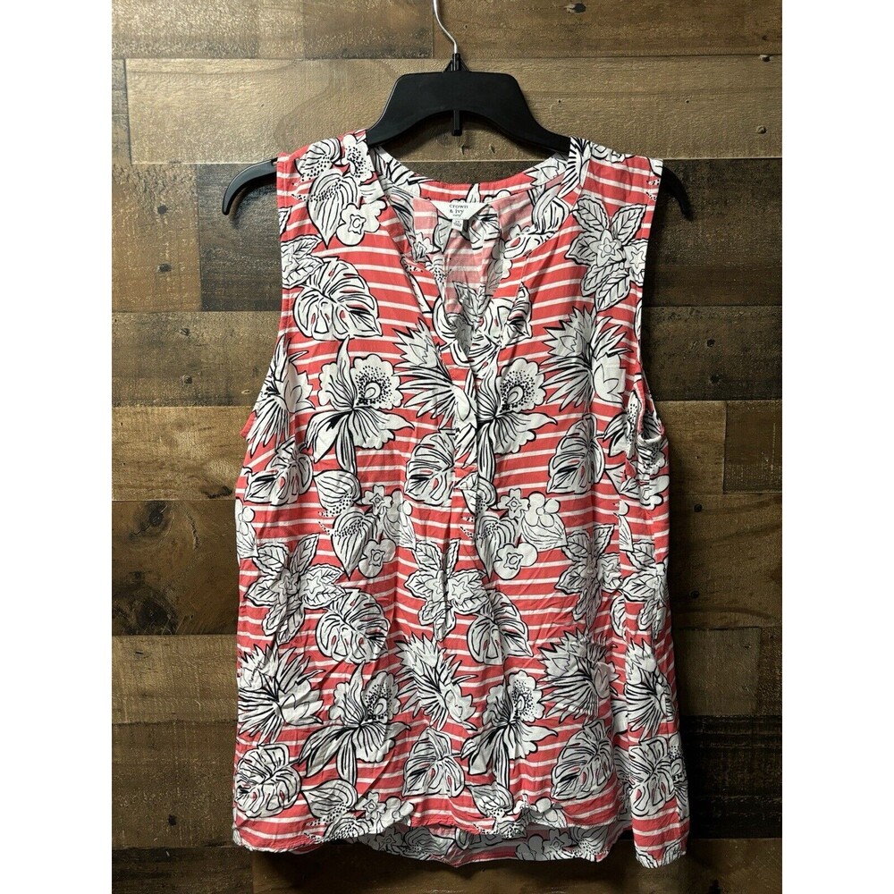 Crown & Ivy Top 2X Pink White Stripe With Palm Pattern Sleeveless Blouse Rayon